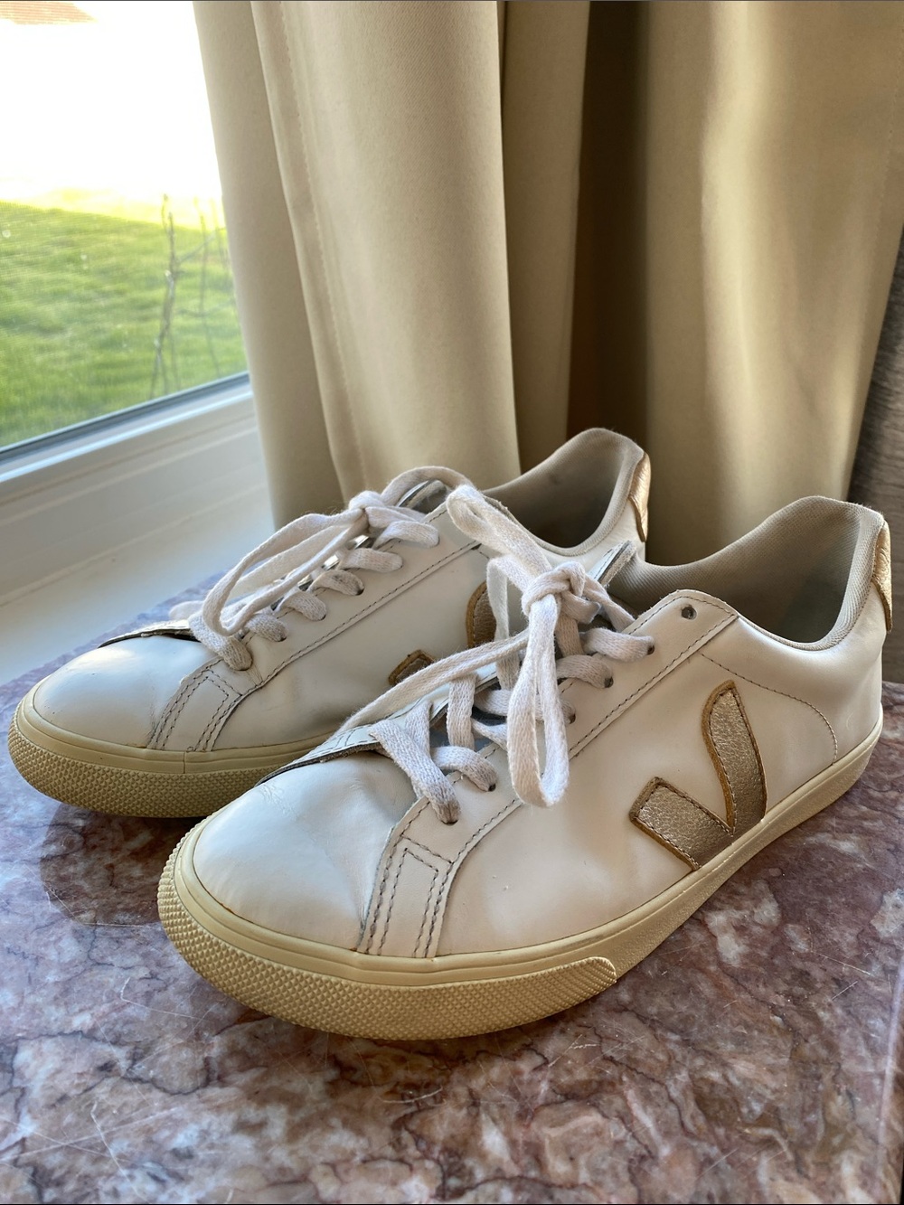 Veja White Sneakers with Gold Heel Accents